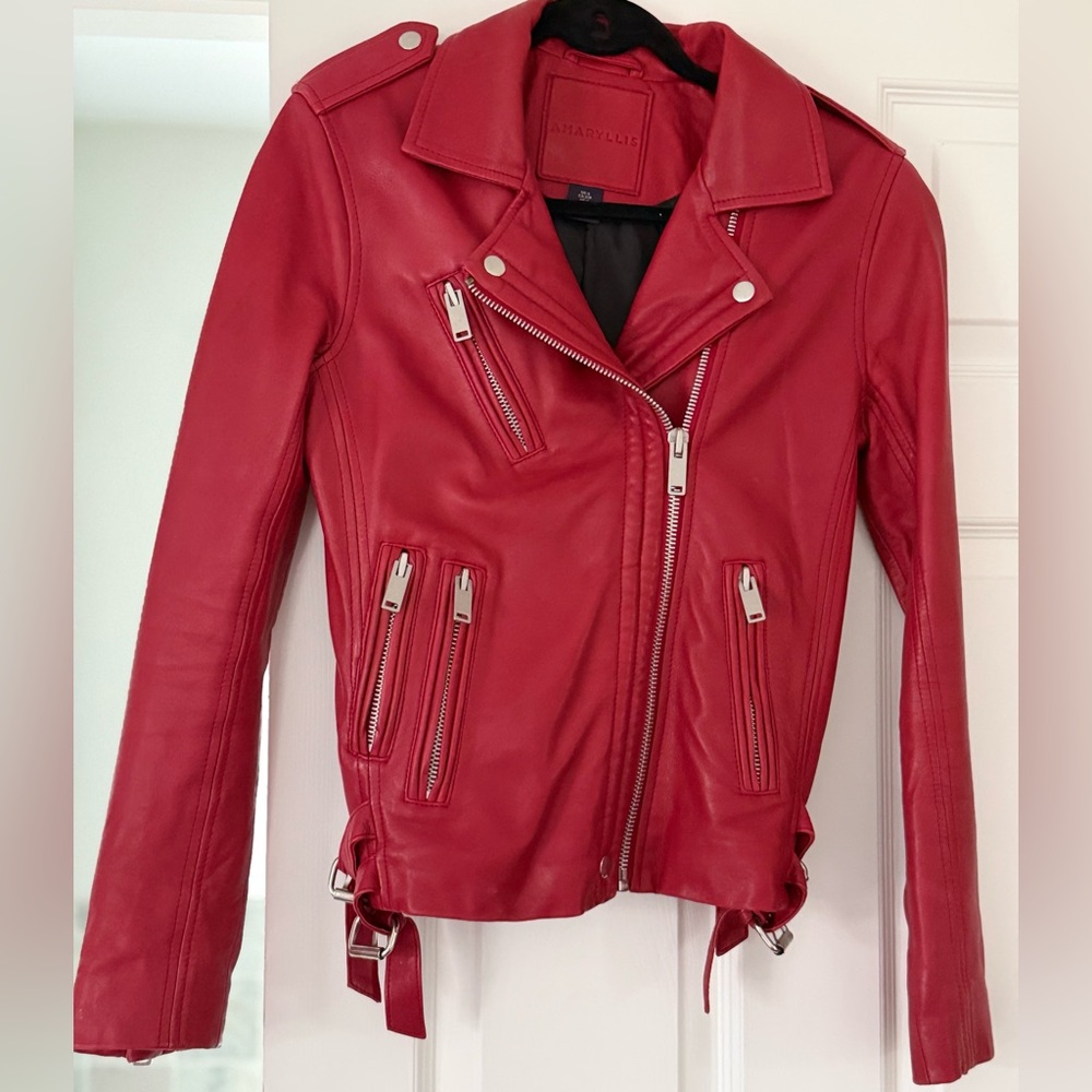 Amaryllis 100% Genuine Leather Red Moto Jacket
